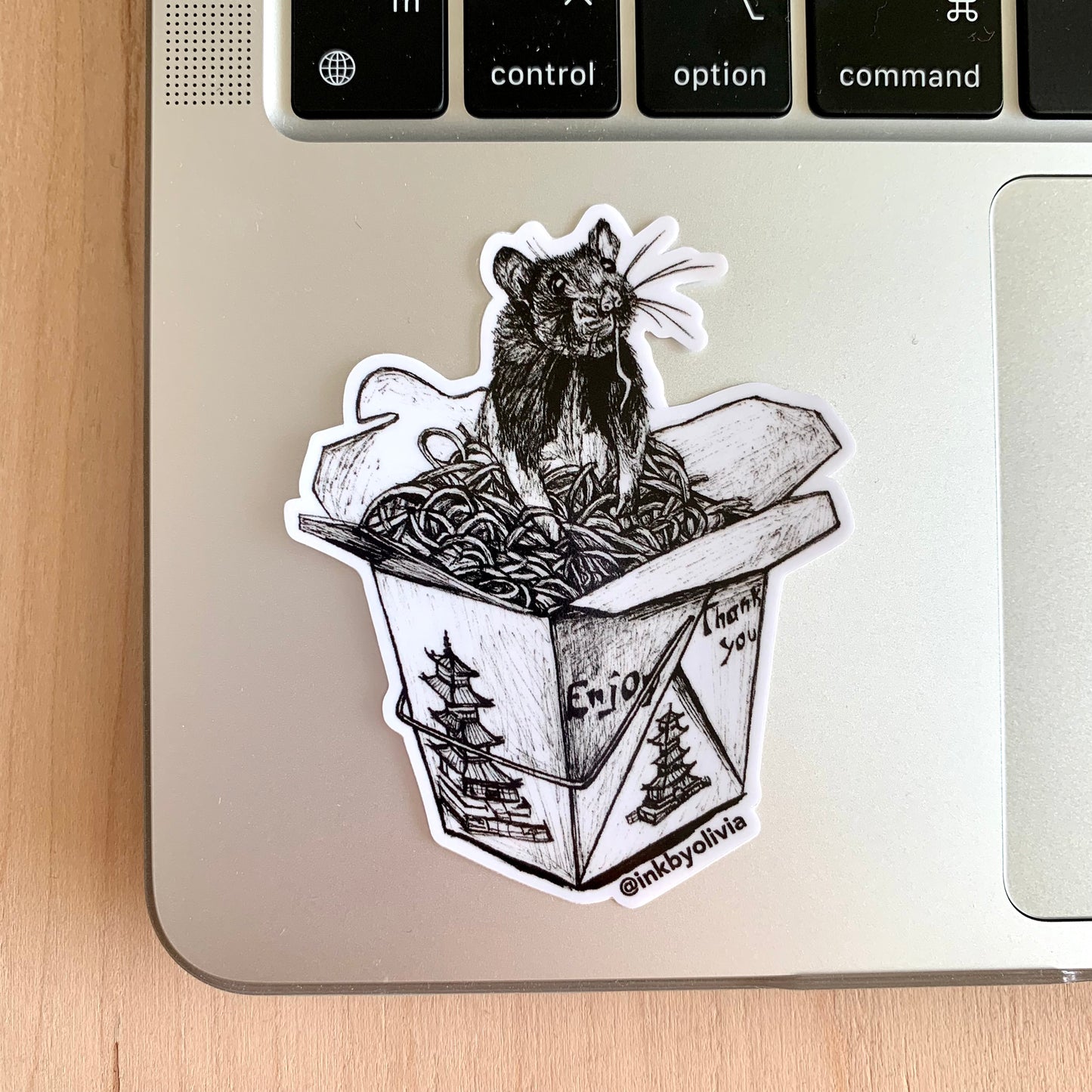 Rat eating noodles inside a takeout container, quirky and playful design.