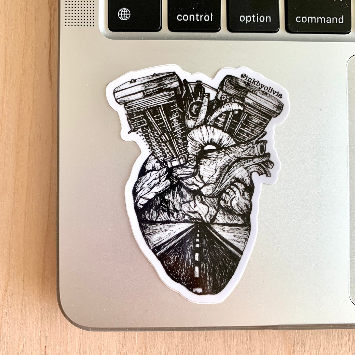 V-Twin motorcycle engine powering a human heart, a bold and adventurous design.