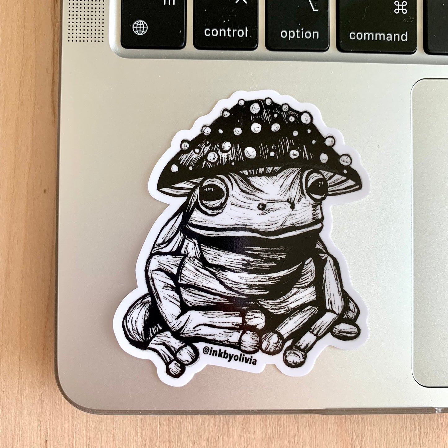 Frog wearing a mushroom hat, playful and nature-inspired design.