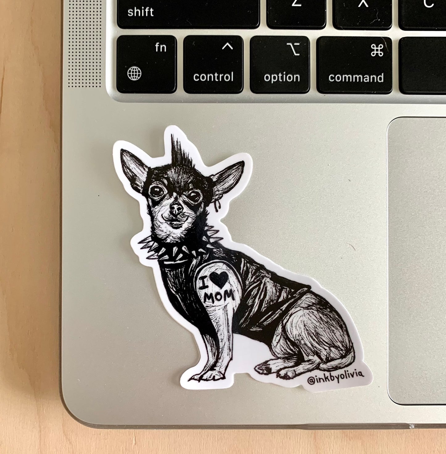 Punk chihuahua dog with an 'I Love Mom' tattoo, playful and edgy design.