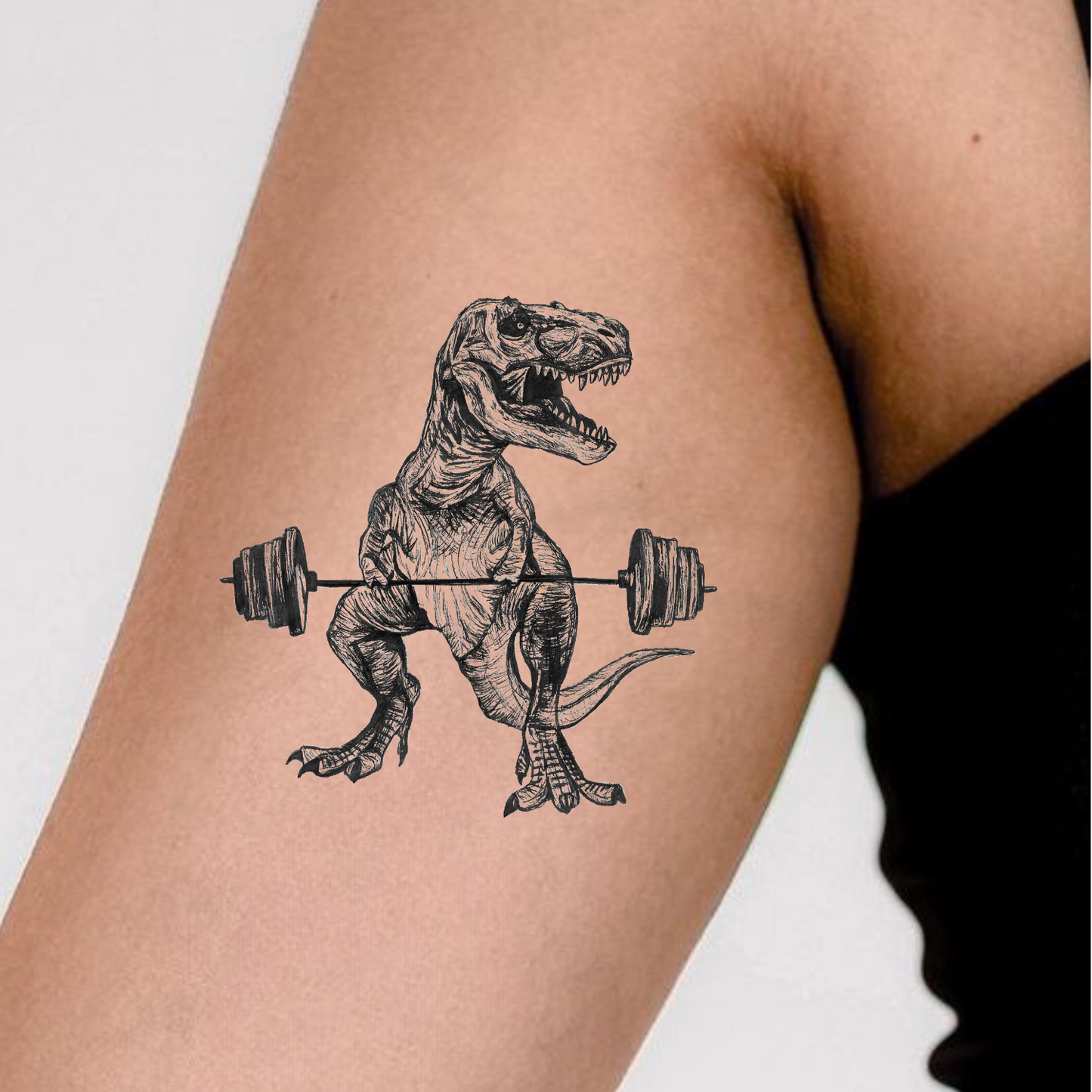 2-inch Ripped Rex Temporary Tattoo featuring a muscular T. rex design, water-resistant and skin-safe inks.